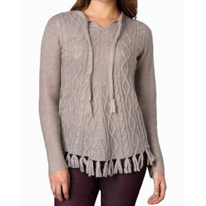 PrAna Shelby Pullover Poncho Sweater Cable Knit Fringe Hem Gray Small
